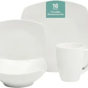 Gibson Home Zen Buffet Porcelain Chip and Scratch Resistant Dinnerware Plates, Bowls, and Mugs Set, Service for 4 (16pcs), White (Square Dishes)