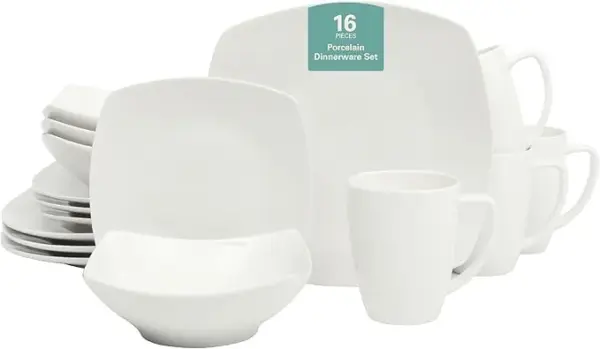 Gibson Home Zen Buffet Porcelain Chip and Scratch Resistant Dinnerware Plates, Bowls, and Mugs Set, Service for 4 (16pcs), White (Square Dishes)