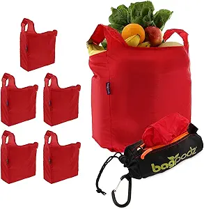 Sturdy Reusable Grocery Bags Foldable and Washable - Made From RipStop Nylon Hold 50lbs - Designed in USA Reusable Shopping Bags Inside a Compact Pod with Carry Clip - 5 Pack in Red