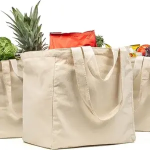 VeraMia Canvas Grocery Bag 3pc XL Set with Real Pockets, Long Shoulder Strap and Short Handle. Heavy Duty, Foldable, Washable