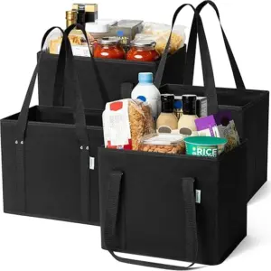 Creative Green Life Reusable Grocery Bags (3 Pack) – Heavy Duty Reusable Shopping Bags with Box Shape to Stand Up, Stay Open, Fold Flat – Large Tote Bags with Long Handles & Reinforced Bottom (Gray)