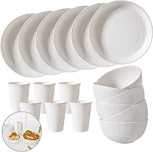 18 pcs Wheat Straw Dinnerware Sets for 6 - Lightweight & Unbreakable Cups Plates and Bowls Sets Microwave Dinnerware Set for Kitchen, Travel & Camping Beig